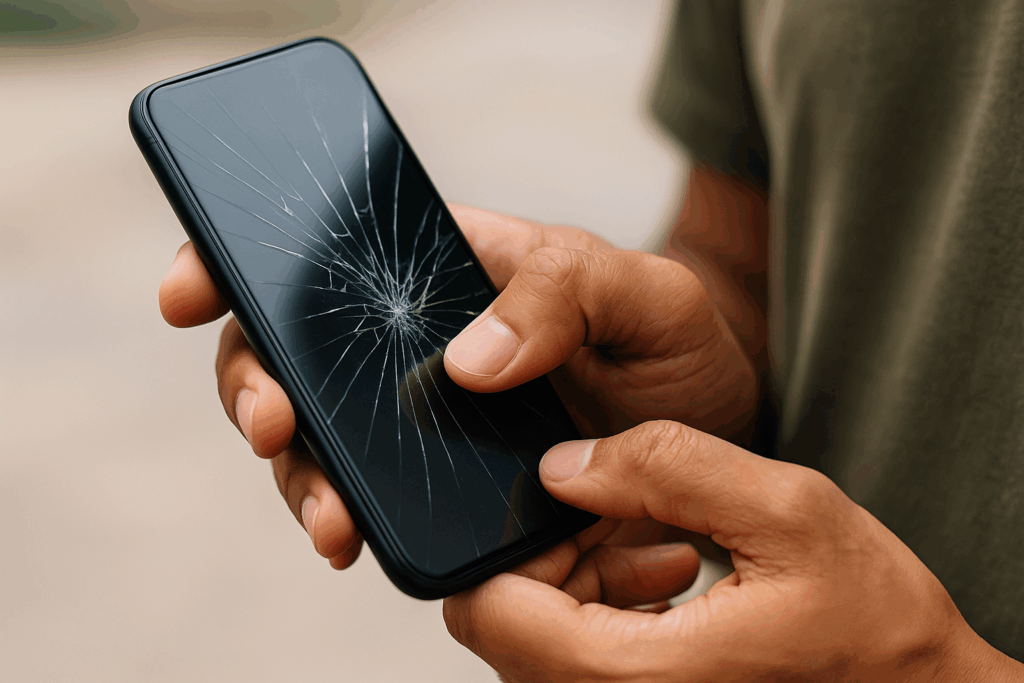 Personne utilisant un smartphone à écran fissuré, gros plan sur la dalle brisée ; article sur le cadmium et les risques sanitaires potentiels.