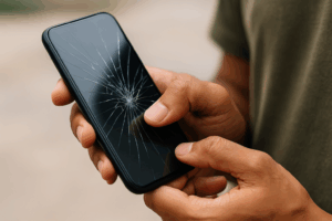 Personne utilisant un smartphone à écran fissuré, gros plan sur la dalle brisée ; article sur le cadmium et les risques sanitaires potentiels.